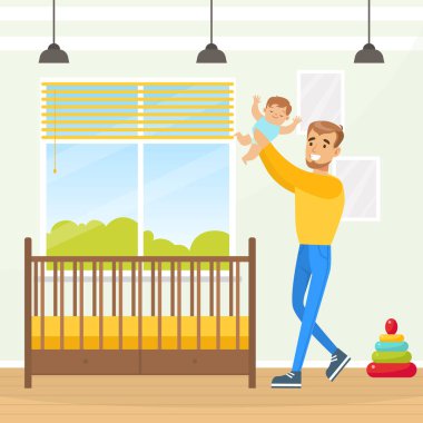 Genç Adam Ebeveynler Bebek Bezi ile Oynuyor Vektör İllüzyonu