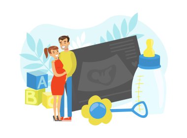 Mutlu Hamile Kadın ve Erkek Bebek Bekliyor Birlikte Bekliyor Vektör Resimleri