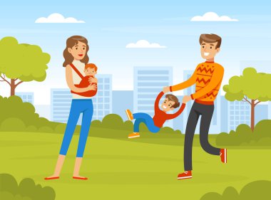 Genç Adam ve Kadın Çocuk Vektör İllüzyonuyla Dışarıda Dolaşıyor