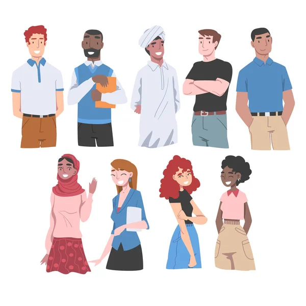 Diversos personajes Multiraciales y Multiculturales Aislados en Fondo Blanco Conjunto de Ilustración Vectorial — Archivo Imágenes Vectoriales