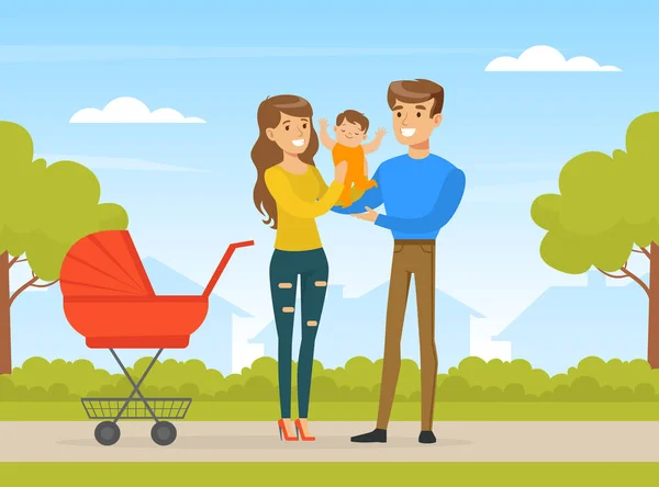 Young Man and Woman Walking in the Park with Little Baby Vector Illustration - Stok Vektor