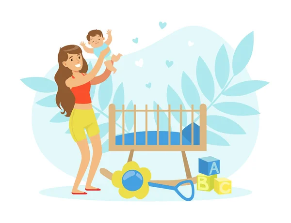 Jonge vrouw verpleging en spelen met baby vector illustratie — Stockvector