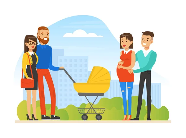 Young Man and Woman Walking Outdoor Pushing Baby Carriage Meeting Pregnant Family Vector Illustration — Stock Vector