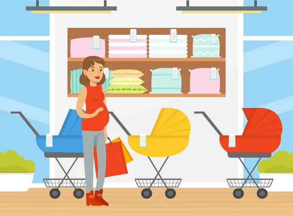 Pregnant Woman Shopping in Baby-goods Store Vector Illustration — Stock Vector