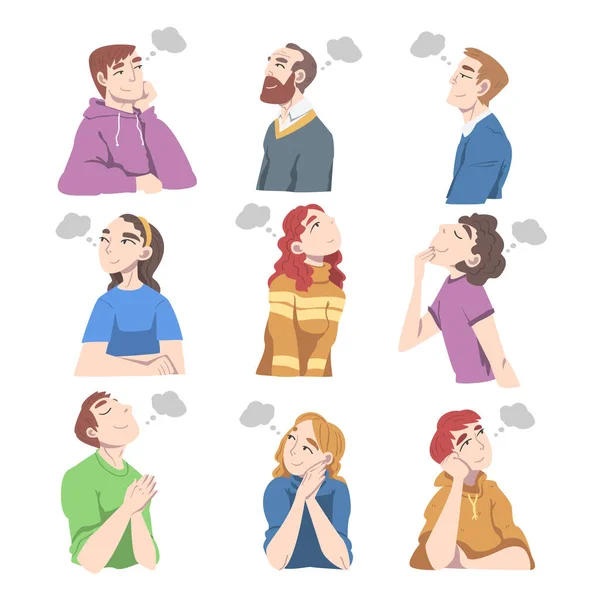 Personaggi della gente Sogno ad occhi aperti e Fantasizing Immaginare qualcosa nella loro testa Vector Illustration Set — Vettoriale Stock