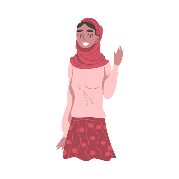 Young Smiling Woman Wearing Hijab Waving Hand Vector Illustration — Stock Vector