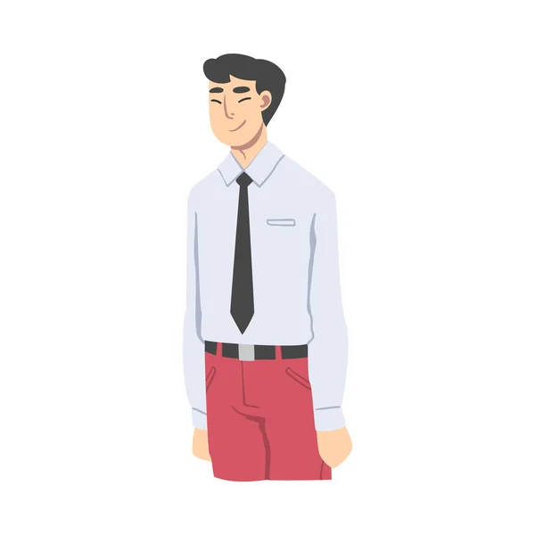 Glimlachende aziatische man dragen overhemd en stropdas in staande Pose Vector illustratie — Stockvector