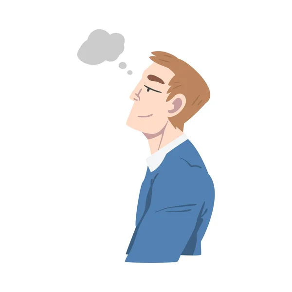 Young Man Dreaming and Fantasizing Imagining Something in His Head Vector Illustration — Stock Vector