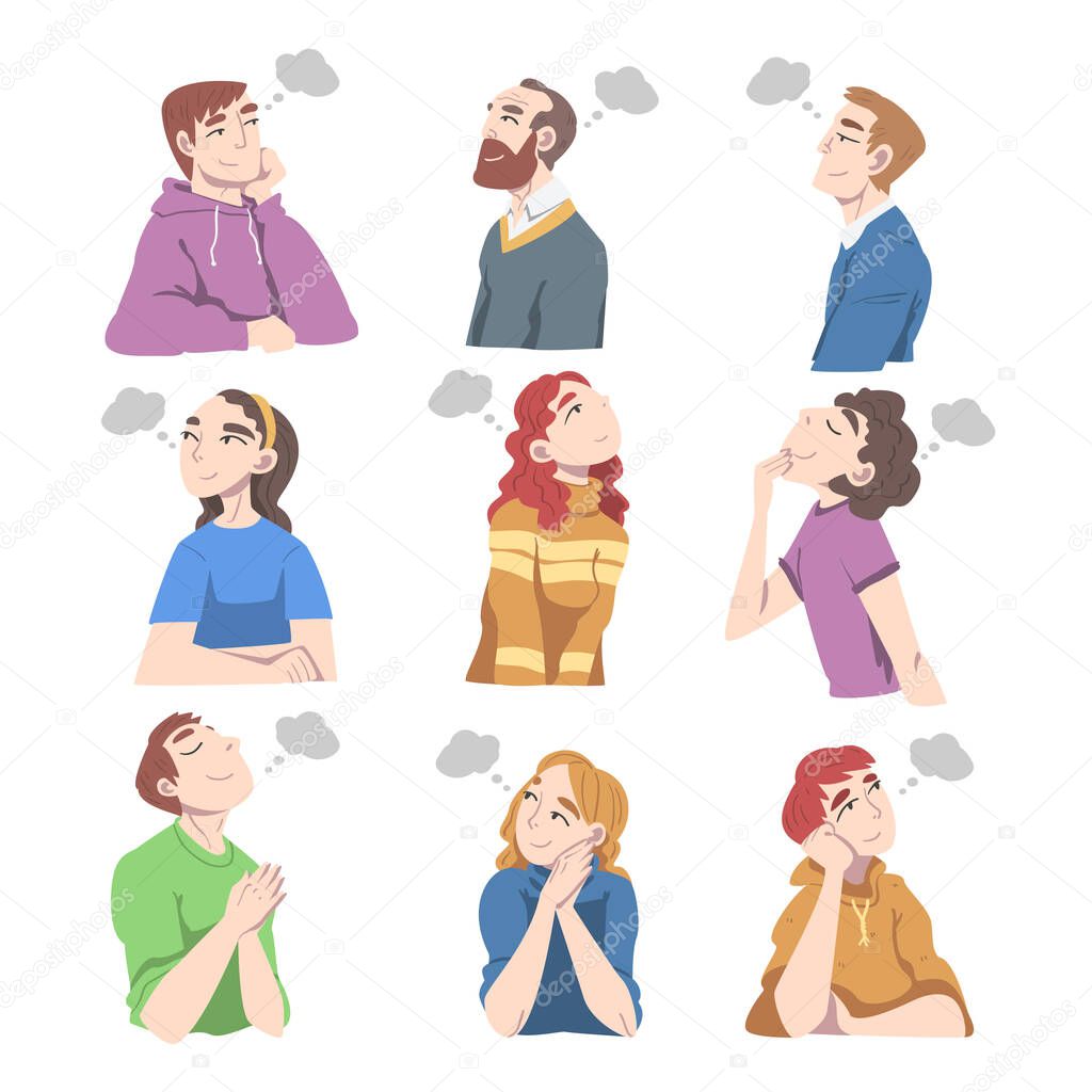 People Characters Daydreaming and Fantasizing Imagining Something in Their Head Vector Illustration Set