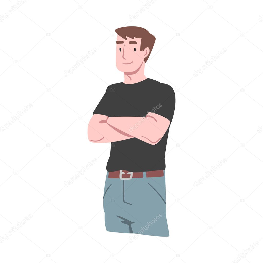 Young Smiling Man with Crossed Arms in Standing Pose Vector Illustration