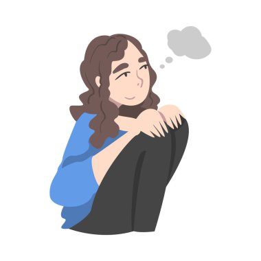 Hayal eden kadın dizlerini bükerek oturuyor ve kafasında bir şeyin hayalini kuruyor.