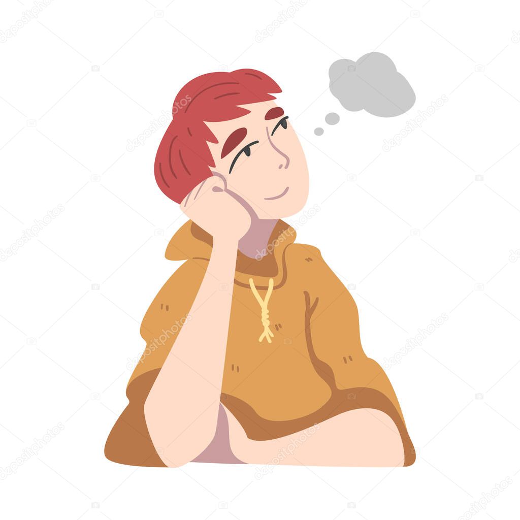 Young Man in Hoody Dreaming and Fantasizing Imagining Something in His Head Vector Illustration