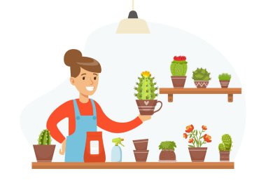 Önlüklü Genç Kadın Çiçek Saksılarındaki Bitkilerine Bakıyor Vektör İllüstrasyonu