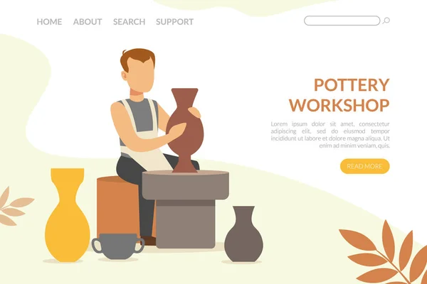 Male Moulding or Modelling Pottery from Clay as Pottery Workshop Landing Page Vector Template — Stock Vector