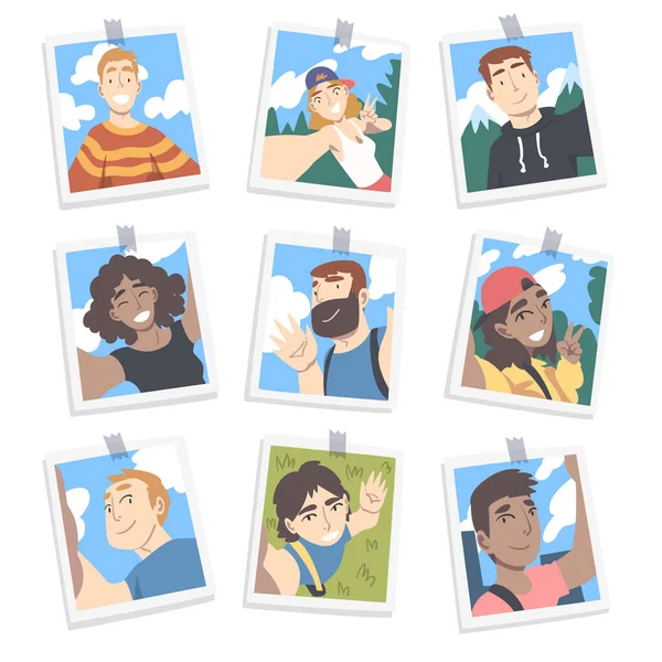 Impressão fotográfica ou imagem selfie com personagens de pessoas Rostos sorridentes nele Conjunto de vetores —  Vetores de Stock