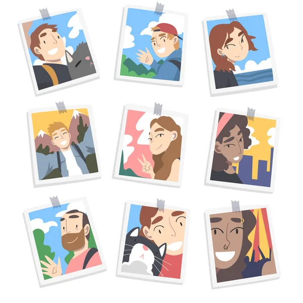 Gambar Cetak Fotografi atau Selfie dengan Karakter Orang Wajah Tersenyum pada It Vector Set - Stok Vektor