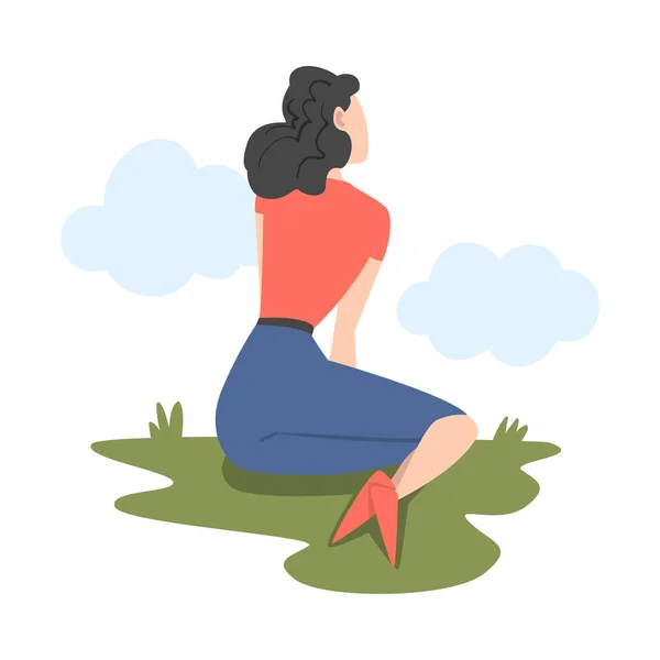 Mujer personaje sentado en la hierba y mirando hacia adelante como en brillante futuro Vector Ilustración — Vector de stock