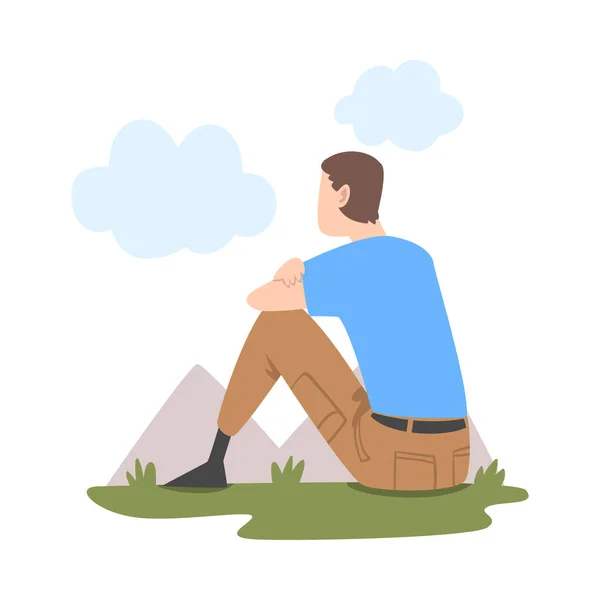 Hombre personaje sentado y mirando hacia adelante como en brillante futuro Vector Ilustración — Vector de stock
