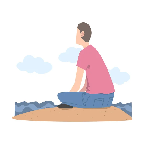 Hombre personaje sentado en la orilla y mirando hacia adelante como en brillante futuro Vector ilustración — Vector de stock