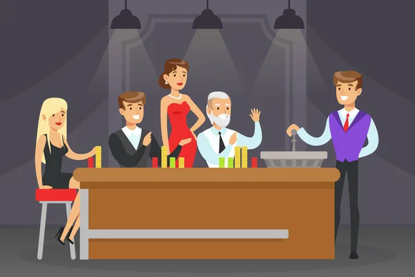 Grupo de Personas Personajes en la Mesa de Casino Jugando Poker Game Vector Illustration — Vector de stock