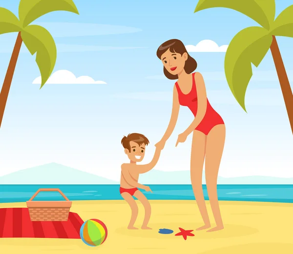 Młoda kobieta w stroju plażowym bawiąca się ze swoim dzieckiem na brzegu morza wektor ilustracji — Wektor stockowy