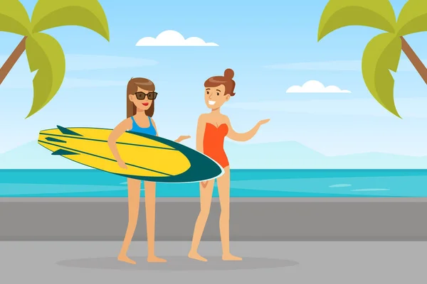 Giovani donne in beachwear a piedi lungo la spiaggia e tenendo Surfboard Vector Illustrazione — Vettoriale Stock