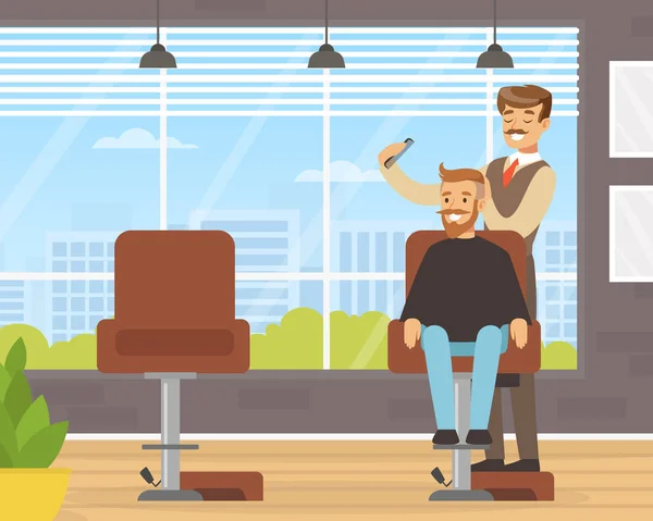 Man Barber Cutting and Doing Hair Vector Illustration - Stok Vektor