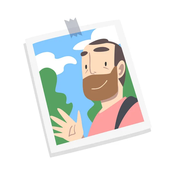 Impresión fotográfica o foto selfie con cara de hombre barbudo sonriente en él Vector ilustración — Vector de stock