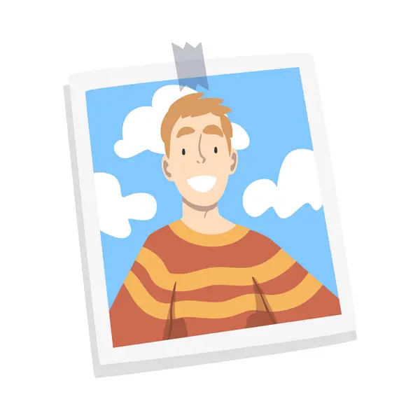 Happy Man Face on Photographic Print or Selfie Picture Vector Illustration — Stock Vector