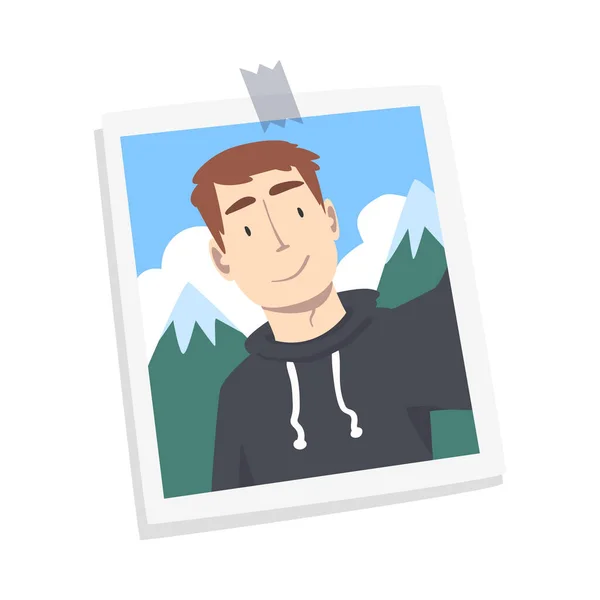 Glad Man Ansikte på Fotografisk Tryck eller Selfie Bild Vektor Illustration — Stock vektor