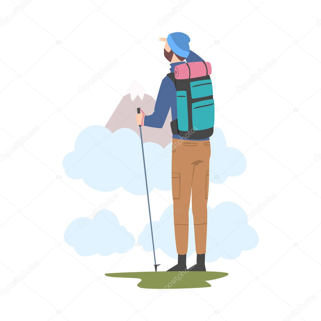 Man Character with Backpack Standing and Looking Ahead as into Bright Future Vector Illustration