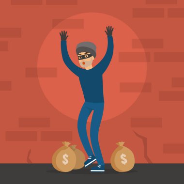 Male Thief Standing with his Hands Raised, Masked Burglar Stole Money, Robbery and Security Concept Flat Vector Illustration