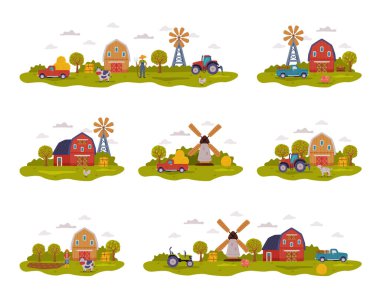 Farm Scenes Collection, Farm Buildings, Farmers, Agricultural Transport and Livestock, Summer Rural Landscape, Agriculture and Farming Concept Cartoon Style Vector Illustration
