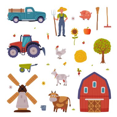 Rural Building and Agricultural Objects Set, Farmhouse, Mill, Tractor, Pickup, Livestock, Agriculture and Farming Concept Cartoon Style Vector Illustration