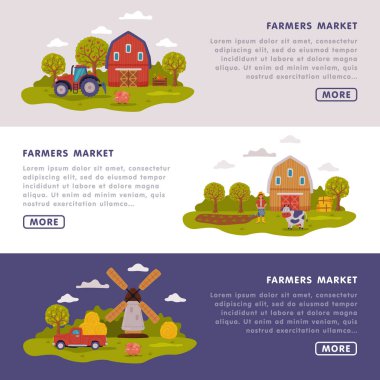 Farmers Market Landing Page Templates Set, Farm Scenes with Agricultural Buildings and Transport Website Interface, Agriculture, Gardening and Farming Concept Vector Illustration