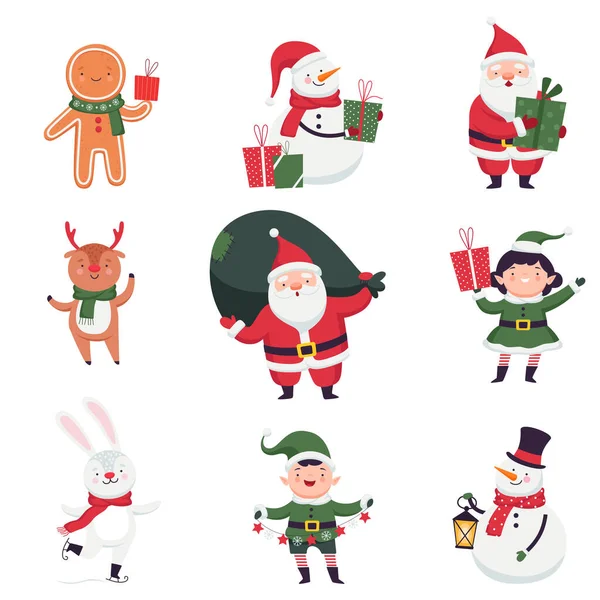 Coleção de personagens de Natal bonito. Engraçado Papai Noel, pão de gengibre, boneco de neve, Raposa, Elfo, Coelho, Rena Desenhos Animados Estilo Vetor Ilustração —  Vetores de Stock