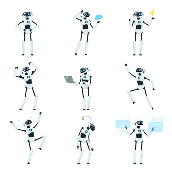 Coleção de robôs amigáveis bonitos, Personagem Android em diferentes posições, Tecnologia de inovação moderna, Conceito de ciência Desenhos animados Estilo Vetor Ilustração — Vetor de Stock