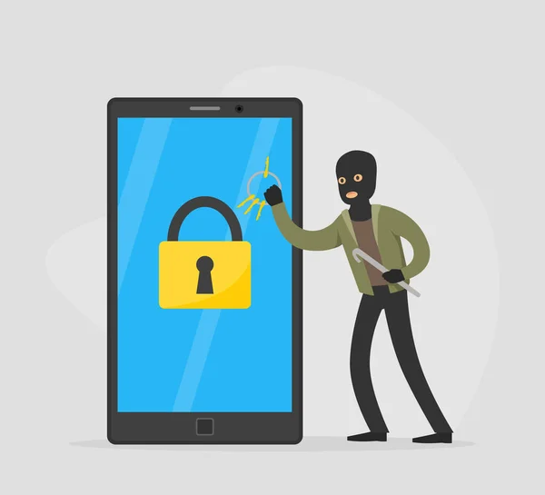 Male Burglar Hacking Smartphone and Stealing Personal Information from Laptop Phone, Lawless Criminal Scene Flat Vector Illustration — Stockvector