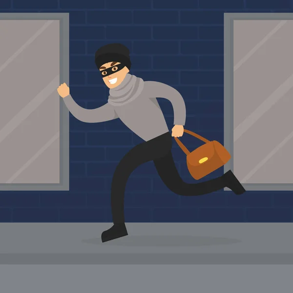 Zloděj běží s odcizenou taškou, lupič páchání loupeže, kriminální scéna ploché vektorové ilustrace — Stockový vektor