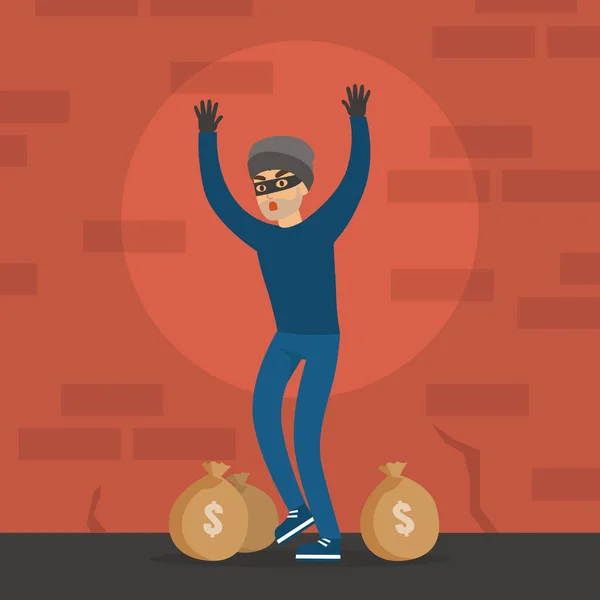 Male Thief Standing with his Hands Raised, Masked Burglar Stole Money, Robbery and Security Concept Flat Vector Illustration — стоковый вектор