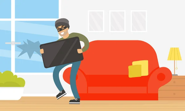 Male Thief Stealing Television from House, Burglar Committing Robbery, Criminal Scene Flat Vector Illustration — Διανυσματικό Αρχείο