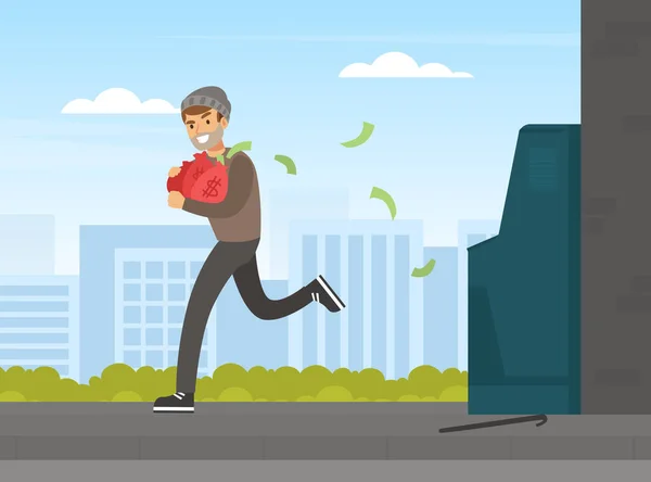 Male Thief Stealing Money from ATM, Burglar Committing Robbery, Theft Running with Money Bag, Lawless Financial Criminal Scene Vector Illustration - Stok Vektor