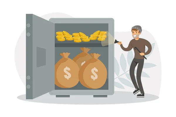 Male Burglars Stealing Money from Safe, Thief Committing Robbery, Lawless Financial Criminal Scene Flat Vector Illustration — 图库矢量图片