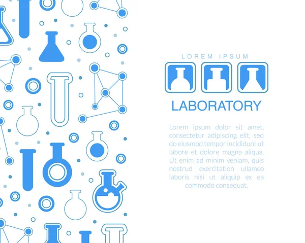 Laboratory Banner Template with Space for Text, Pharmacy, Chemistry Science, Medicine Poster, Card, Brochure Design with Lab Equipment Seamless Pattern Vector Illustration — Vetor de Stock