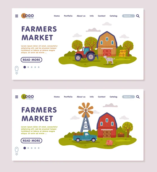 Farm Market Landing Page Templates Set, Farm Scenes with Agricultural Buildings Onboard Screens, Agriculture and Farming Concept Vector Illustration — Stock vektor