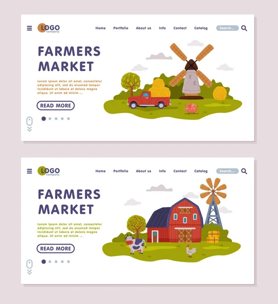 Farmers Market Landing Page Templates Set, Farm Scenes with Farmhouse, Mill and Agricultural Objects Onboard Screens, Agriculture and Farming Concept Vector Illustration — Stock vektor