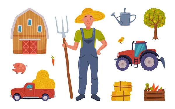 Male Farmer and Agricultural Objects Collection, Farmhouse, Tractor, Gardening Tools, Agriculture and Farming Concept Cartoon Style Vector Illustration — Stockvector