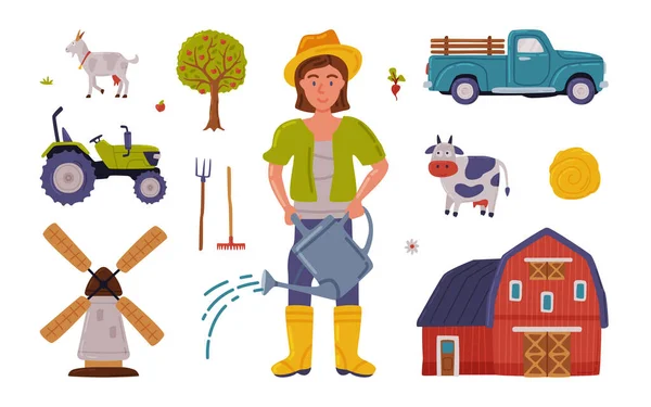 Female Farmer and Agricultural Objects Collection, Farmhouse, Mill, Tractor, Gardening Tools, Agriculture and Farming Concept Cartoon Style Vector Illustration — ストックベクタ