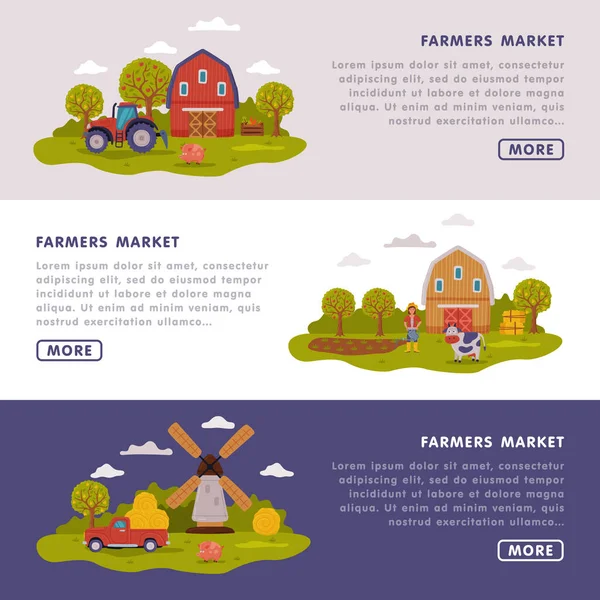 Farmers Market Landing Page Templates Set, Farm Scenes with Agricultural Buildings and Transport Website Interface, Agriculture, Gardening and Farming Concept Vector Illustration — Vector de stock