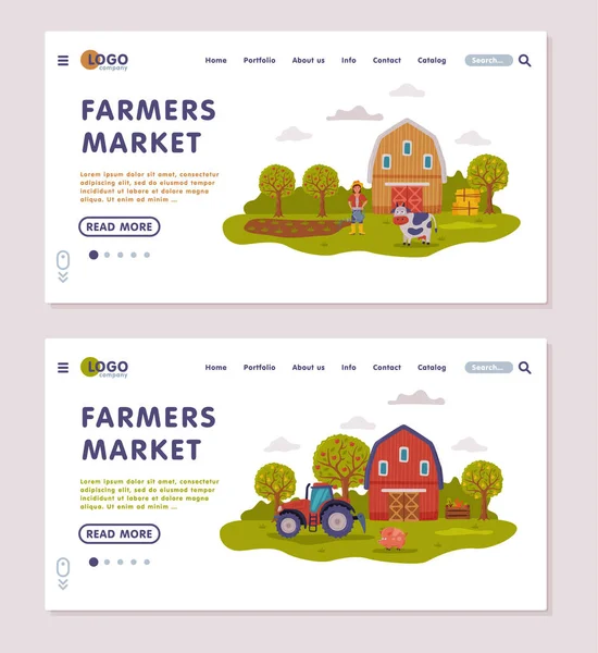 Farmers Market Landing Page Templates Set, Farm Scenes Website Interface, Agriculture, Gardening and Farming Concept Vector Illustration — Stock vektor